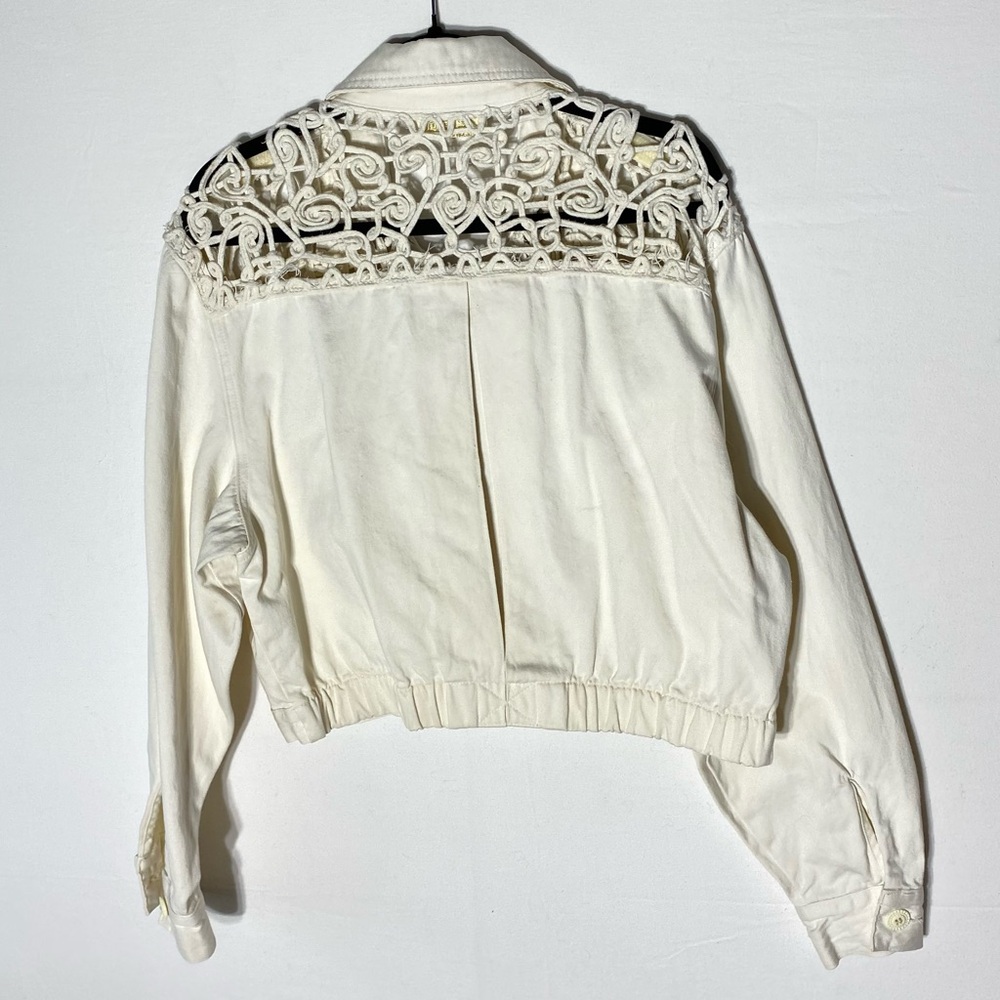 Vintage Cache Cream Oversized Cropped Denim Jean Jacket W Crochet Lace Shoulders - Picture 2 of 16